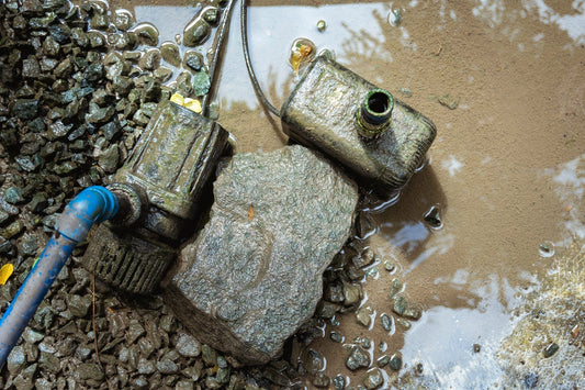 close up image of a pond pump in brown water
