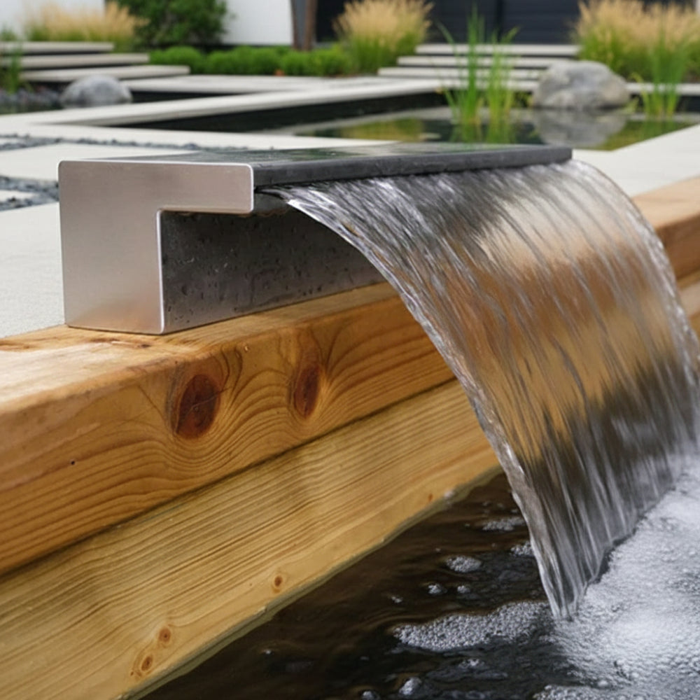 Waterfall feature on a wooden deck with water flowing over it.