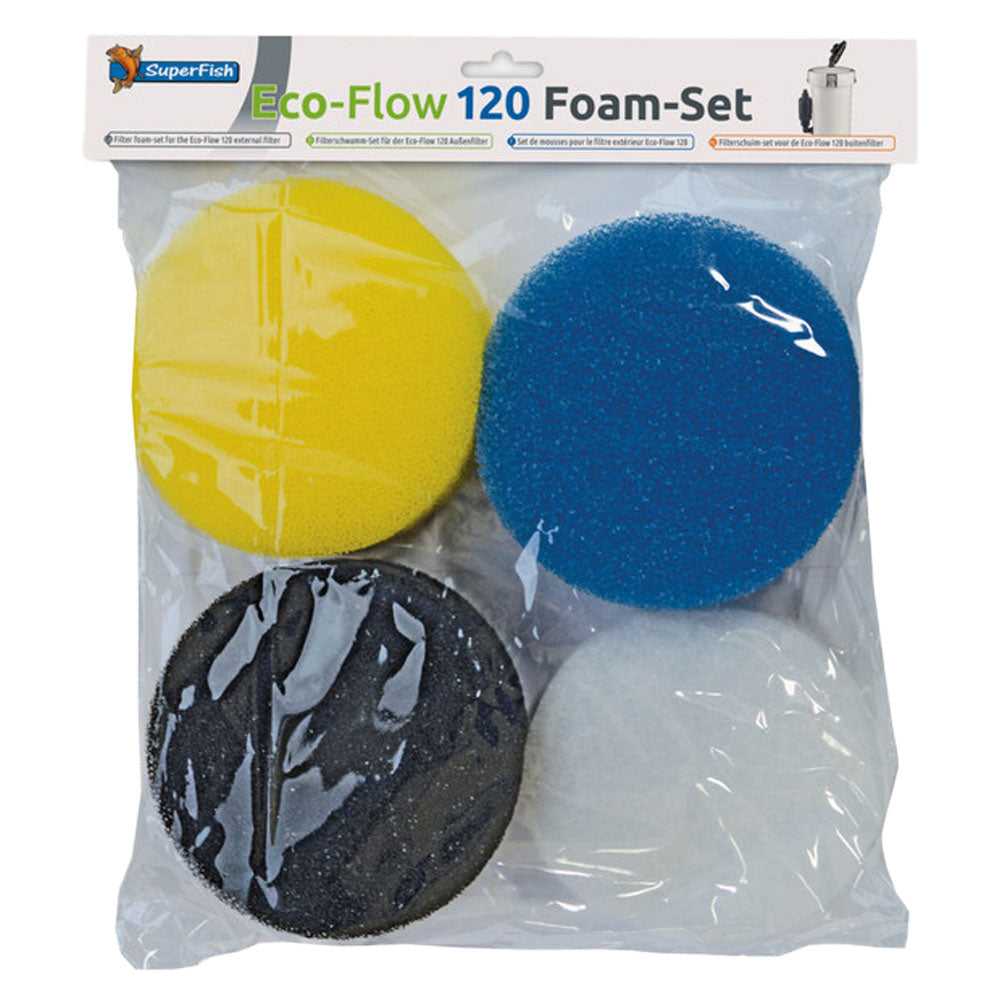 SuperFish Eco-Flow 120 Foam-Set packaging with yellow, blue, and black foam pads.